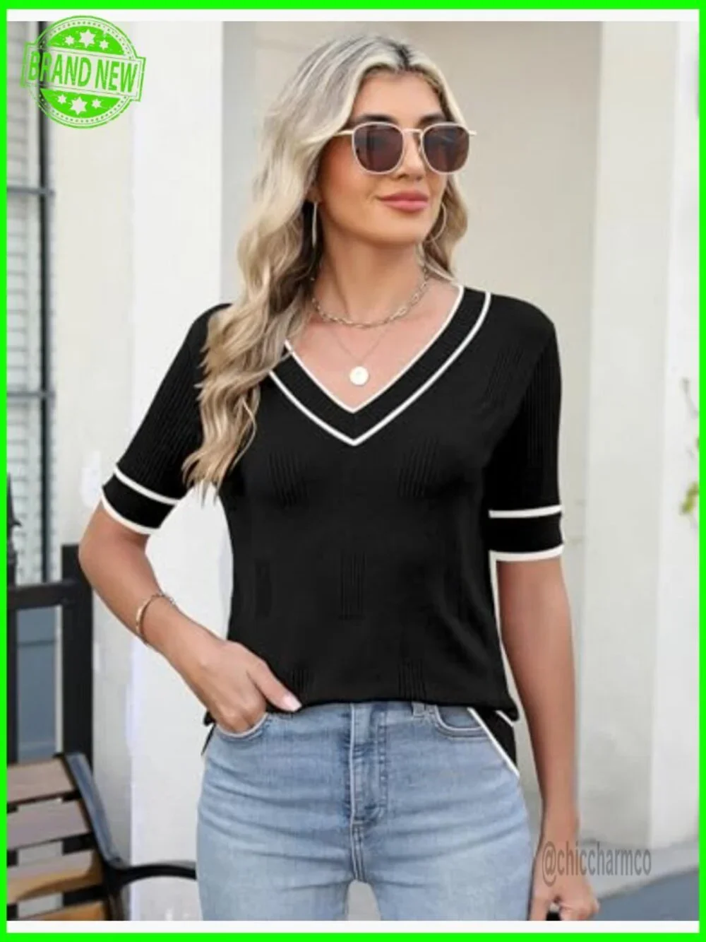 Lightweight V-Neck Short Sleeve Sweater with Decorative Buttons